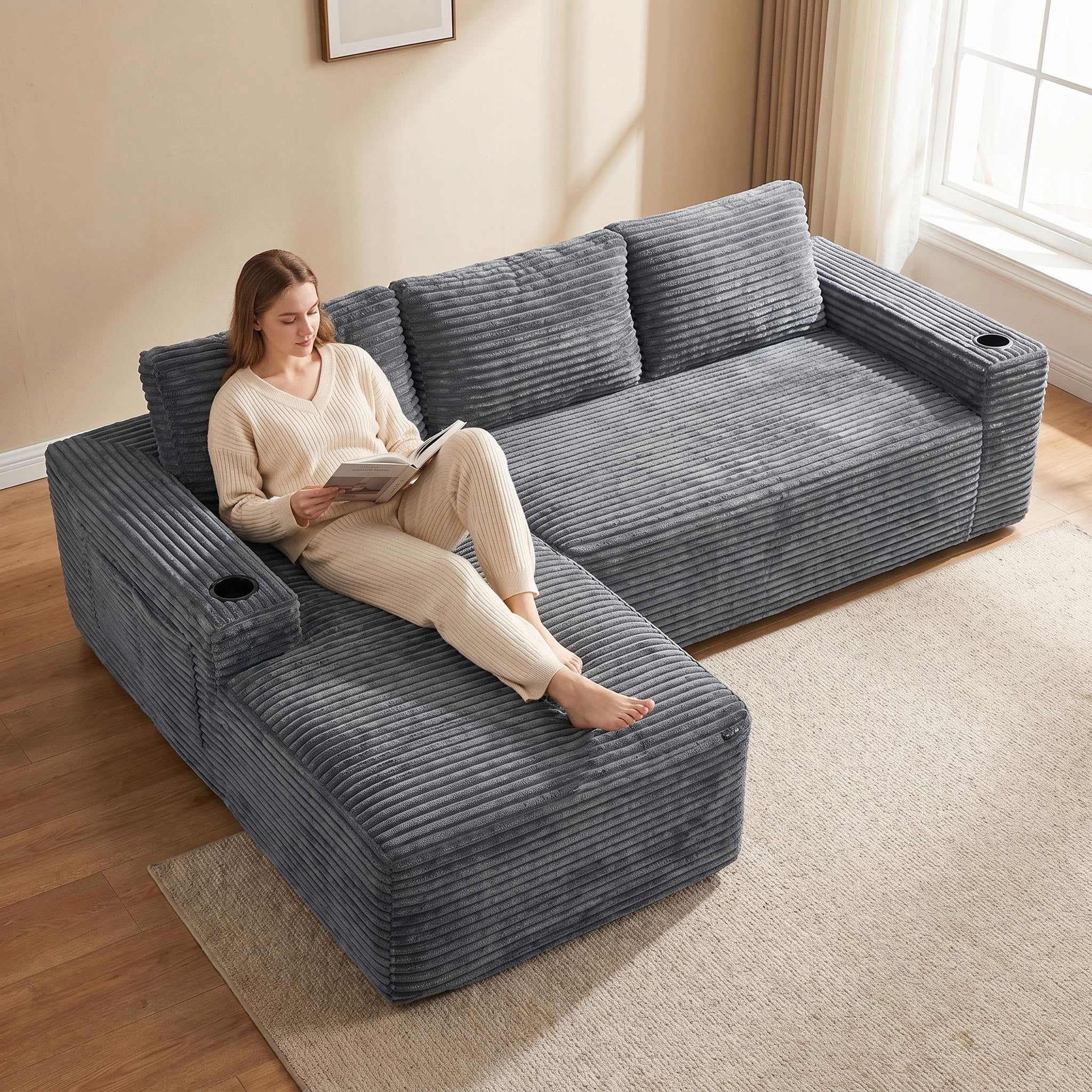 AISWORD 104.3" L-Shaped Modular Sectional Sofa, Corduroy 4-Seater Cloud Couch with Cup Holders & Side Pockets, Boneless Upholstered Sofa, No Assembly, Gray, Left-Facing Chaise