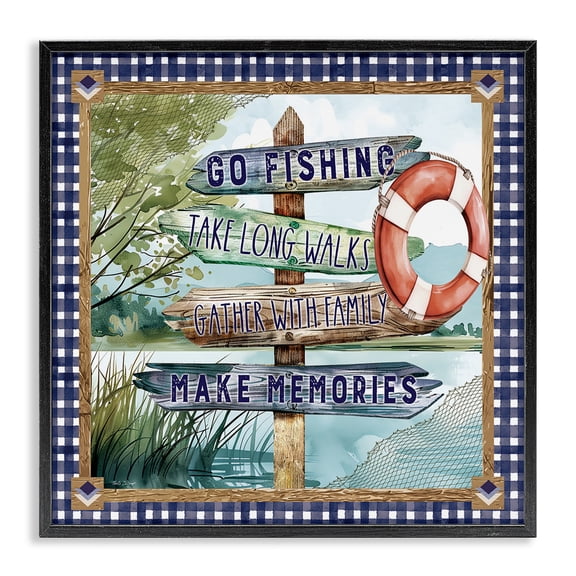 Stupell Industries Farmhouse Plaid Border Lake Sign Black Framed Giclee Art, 12 x 12, by Nicole DeCamp