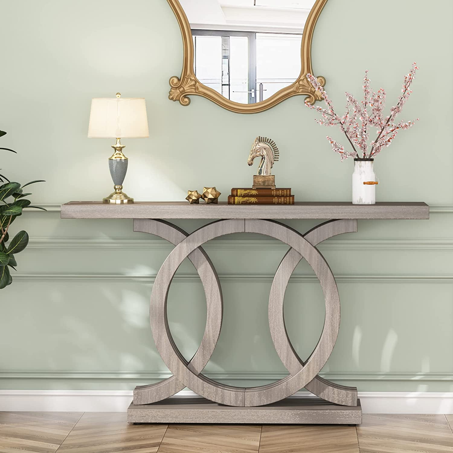 Tribesigns 55" Console Table with Geometric Base, Wooden Entryway hallway Table, Vintage Sofa Table for living Room, Gray