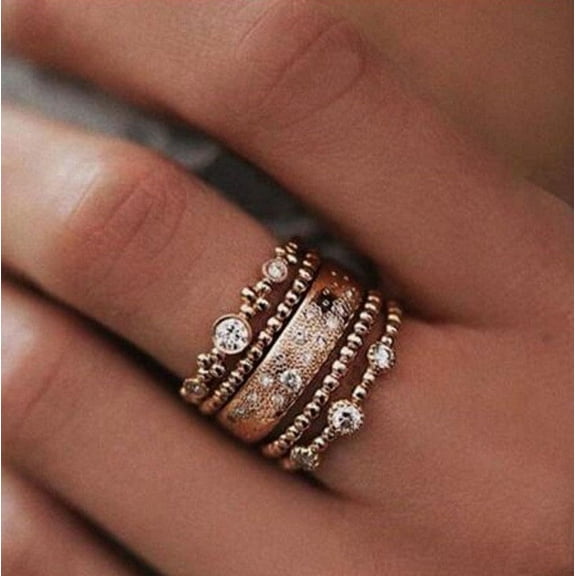 Rose Gold Stackable Five-Piece Ring Set for Women: Fashionable, European, and American Style with Geometric Design