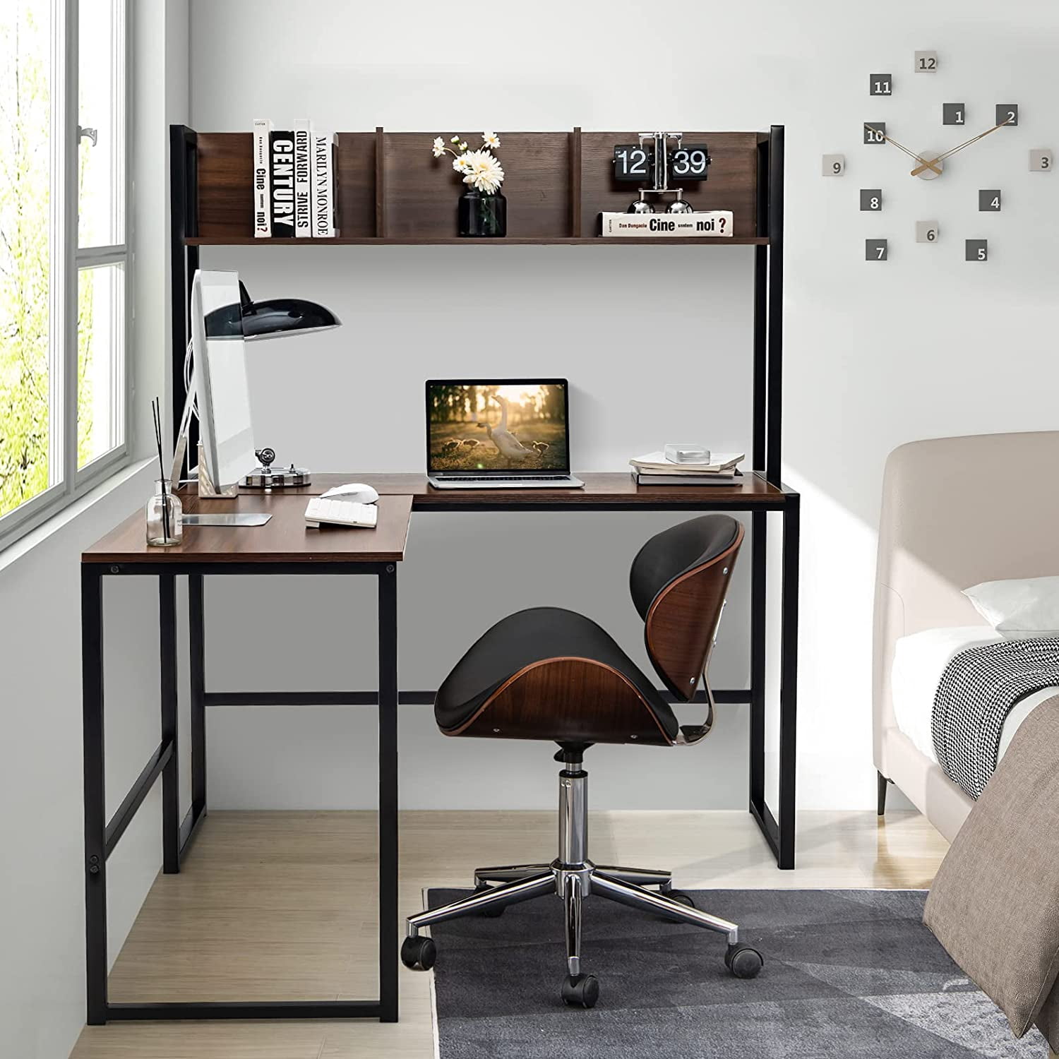 Neatifyes Reversible L-Shaped Desk with Hutch, Space Saving Corner Computer Desk with Storage Shelves, Home Office Study Writing Desk Computer Workstation with Storage Bookshelf, Gaming Desk