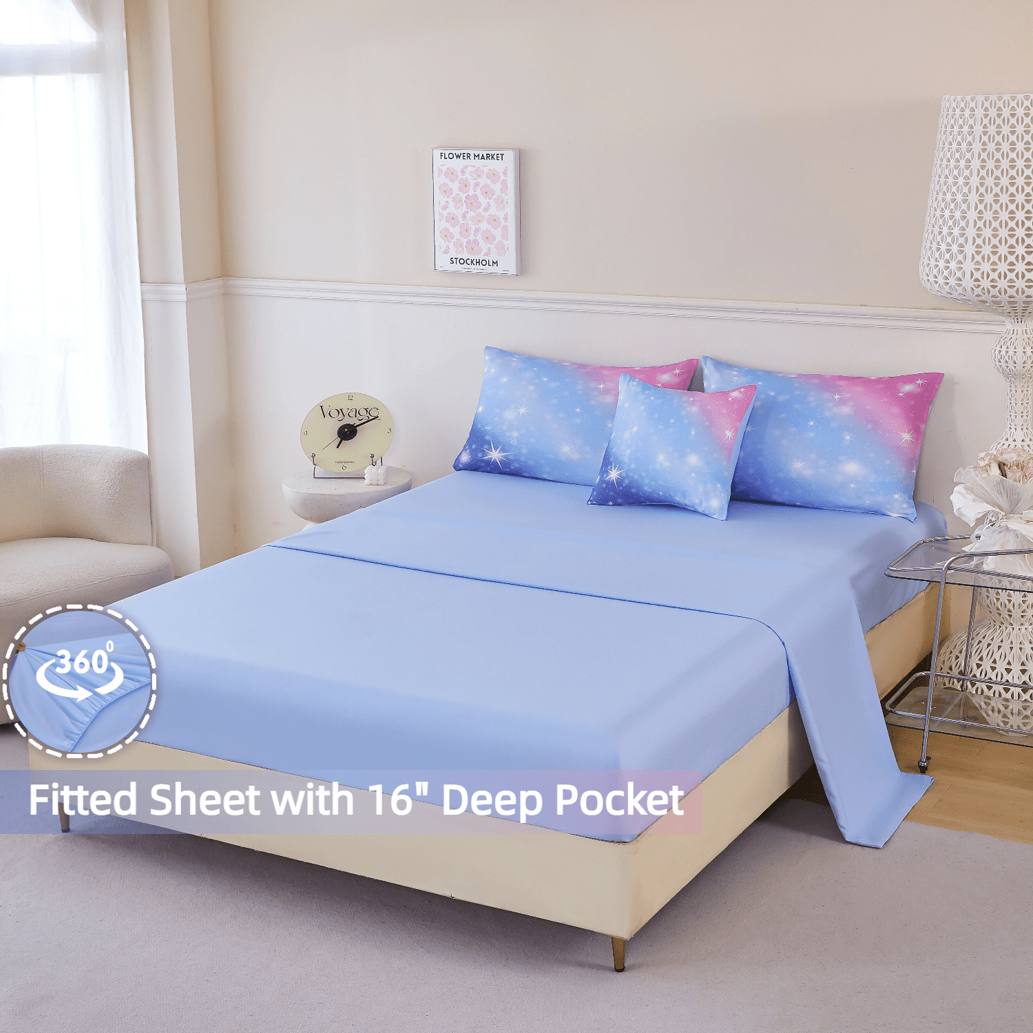 PERFEMET 6 Pieces Blue Girls Twin Galaxy Comforter Set Starry Sky Sparkle Gradient Bedding Set Ultra Soft Bed in a Bag(Blue,Twin)