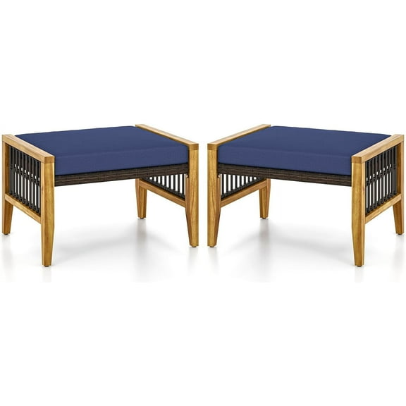 Set of 2 Patio Acacia Wood PE Rattan Ottoman Footrest Seat with Cushion & Adjustable Foot Pad