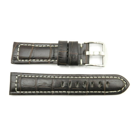 - 22mm Brown Genuine Leather Alligator Grain White Stitching Watch Strap