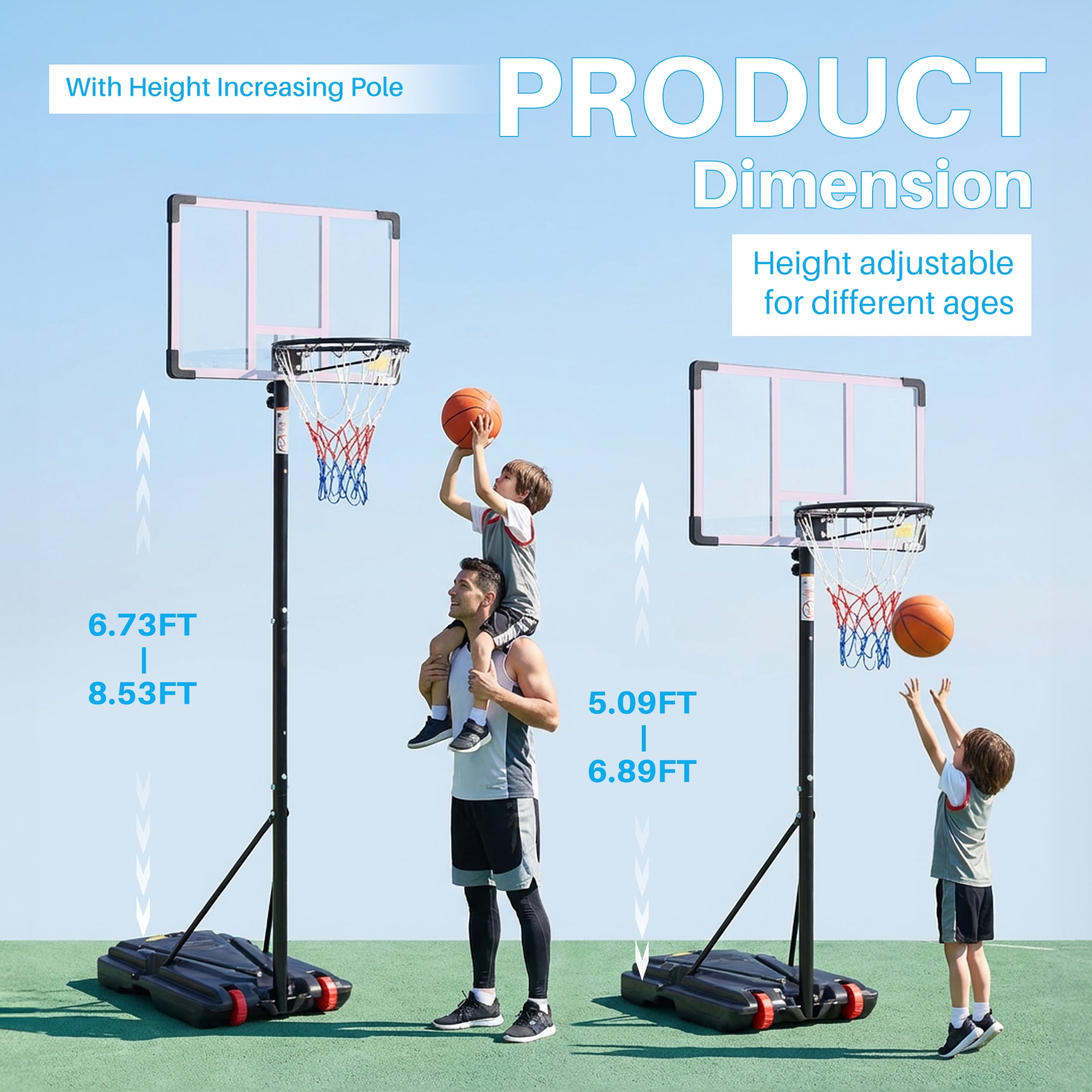 EDX 5ft-8.5ft Height-Adjustable Basketball Hoops, Outdoor Portable Basketball System with 32" Shatterproof Backboard, Red