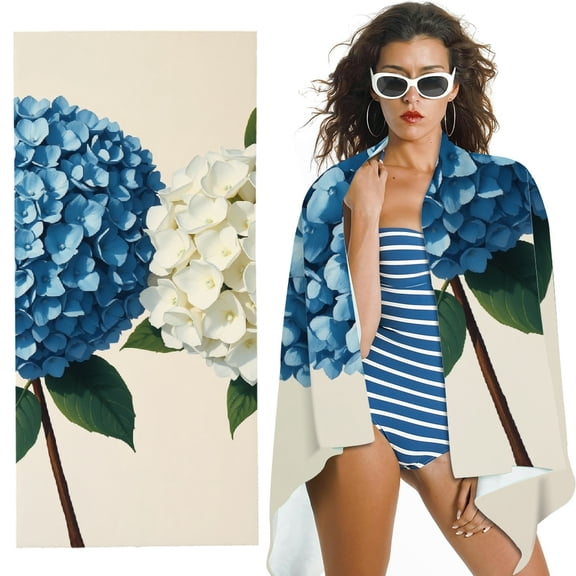 RKSupls Blue White Hydrangea Flower Microfiber Beach Towel, Extra Large Quick Dry Lightweight Absorbent Towel for Travel Swimming Camping, Soft Super Absorbent- 30x60 in