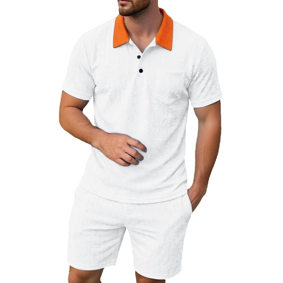 JAJAHO Mens Summer Short Sleeve Shirt And Shorts Set Comfortable Casual Wear Textured Loose Fit Polo Shirts Shorts 2 Piece Cozy Outfit