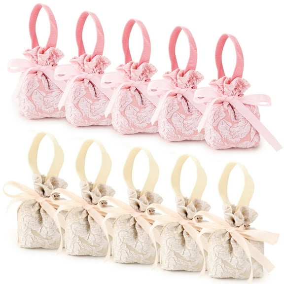 Sekonow 10 Pack Small Gift Bags with Handles, Drawstring Wedding Party Favor Bags, Mini Fabric Gift Pouches Bulk for Treat, Candy, Goodie, Birthday, 3.9x2x5.5in, Pink Champagne