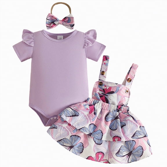 TOWED22 Baby Girl Clothes Newborn Infant Summer Outfits Ruffle Sleeve Romper and Floral Shorts Set for 0-18 Months Purple,0-3 M