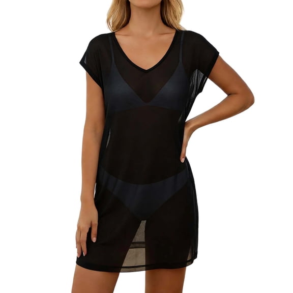 Women's Swimsuit Cover Ups Sheer Mesh Short Sleeve V Neck Beach Dress Lightweight Quick Dry Bathing Suits Swimwear