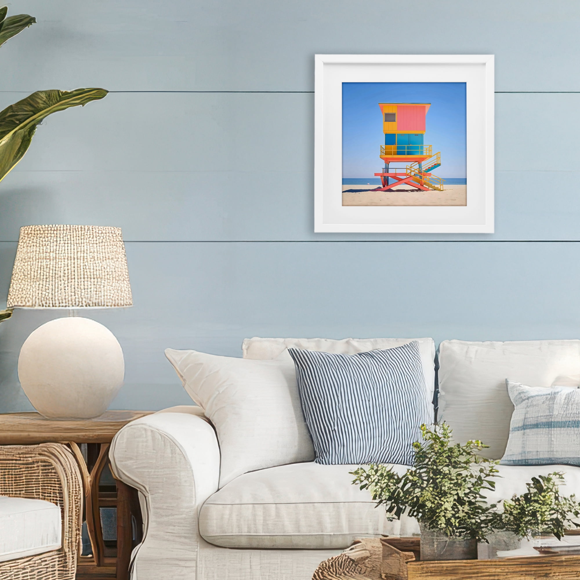 Stupell Industries Deco Lifeguard Tower on Beach White Framed Print Under Glass, design by Creative Studio