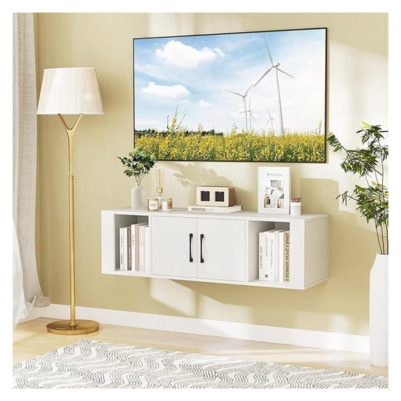 Floating TV Stand Wall Mounted, Modern Entertainment Center Console Table with Doors, Media Cabinet for TVs up to 50 inch, White