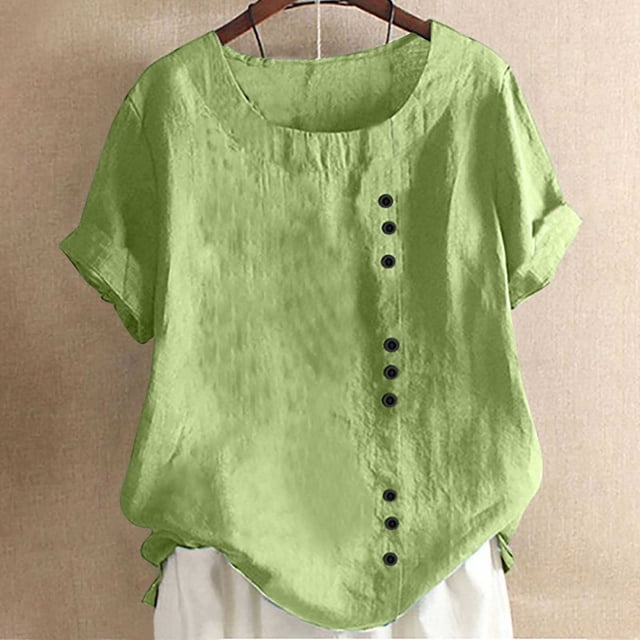 Lolmot Blouses pour Femmes, T-Shirt d'Été à Col Rond Manches Courtes Mode Décontractée Imprimé avec Boutons