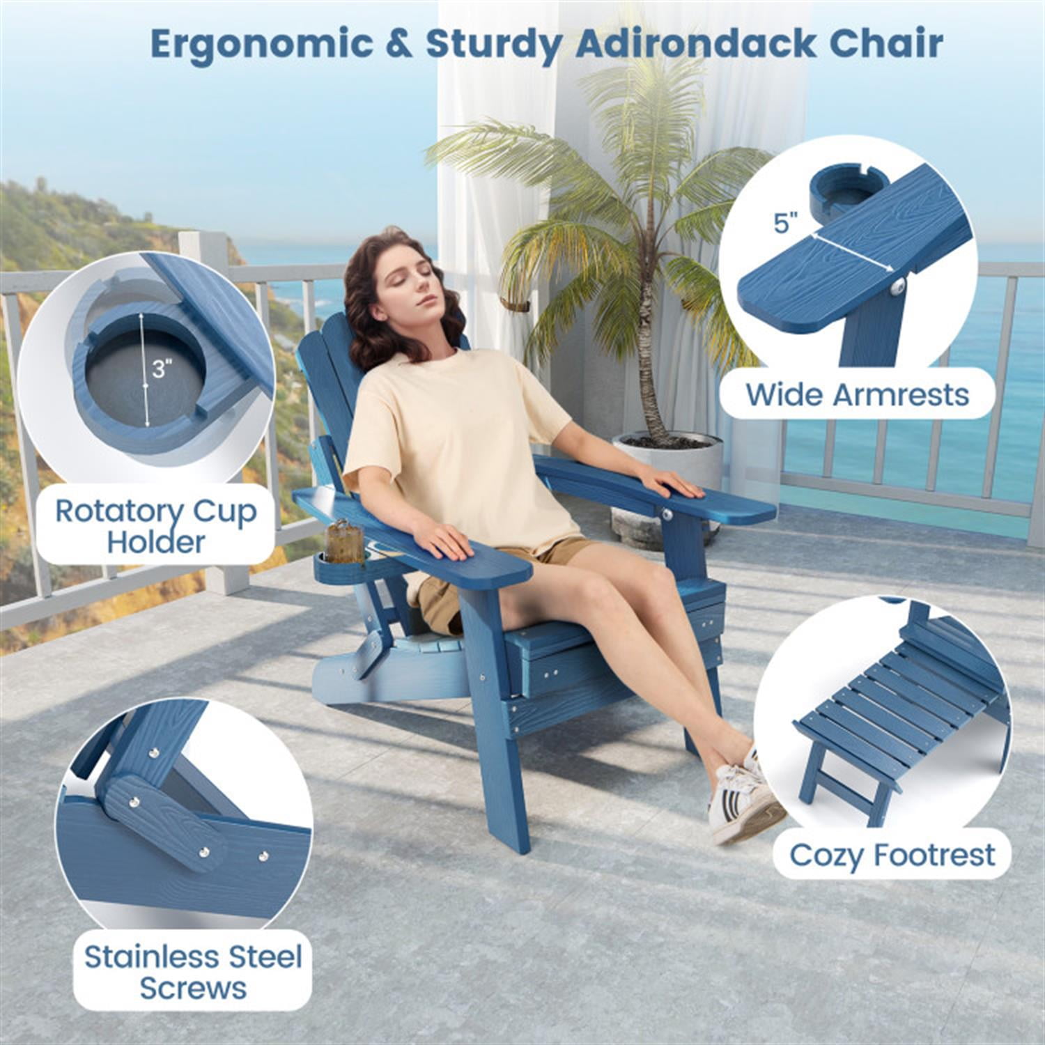 Demi Bonn All-Weather HIPS Patio Adirondack Lounge Chair with Retractable Footrest, Outdoor Accent Furniture Lounge Chairs for Yard, Garden, Blue