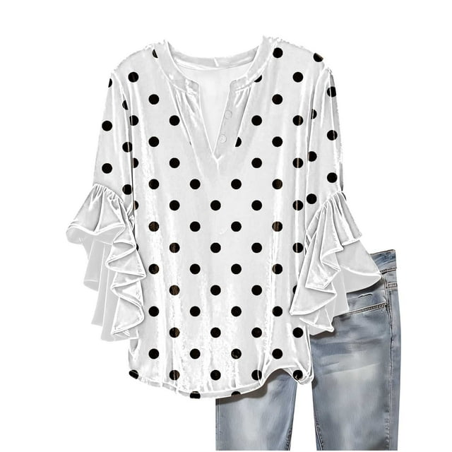 FAIWAD Women Velvet Tops Ruffle 3/4 Sleeve Button Up Shirts Vintage Polka Dot Print Blouses Work Office Clothes