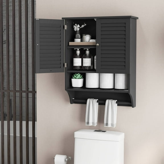 Amijoy  Bathroom Wall Mounted Medicine Cabinet w/ Louvered Doors & Towel Bar Black