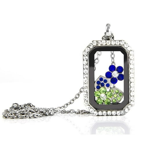 BG247 Floating Rectangle Rhinestone Locket with Matching Charm (Silver Necklace)