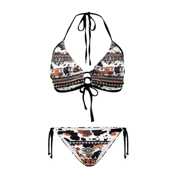 chaqlin Bohemian Tribal & Cowhide Print Halter Triangle Bikini Set - Sexy Tie Side Two Piece Swimsuit for Beach & Pool Vacations