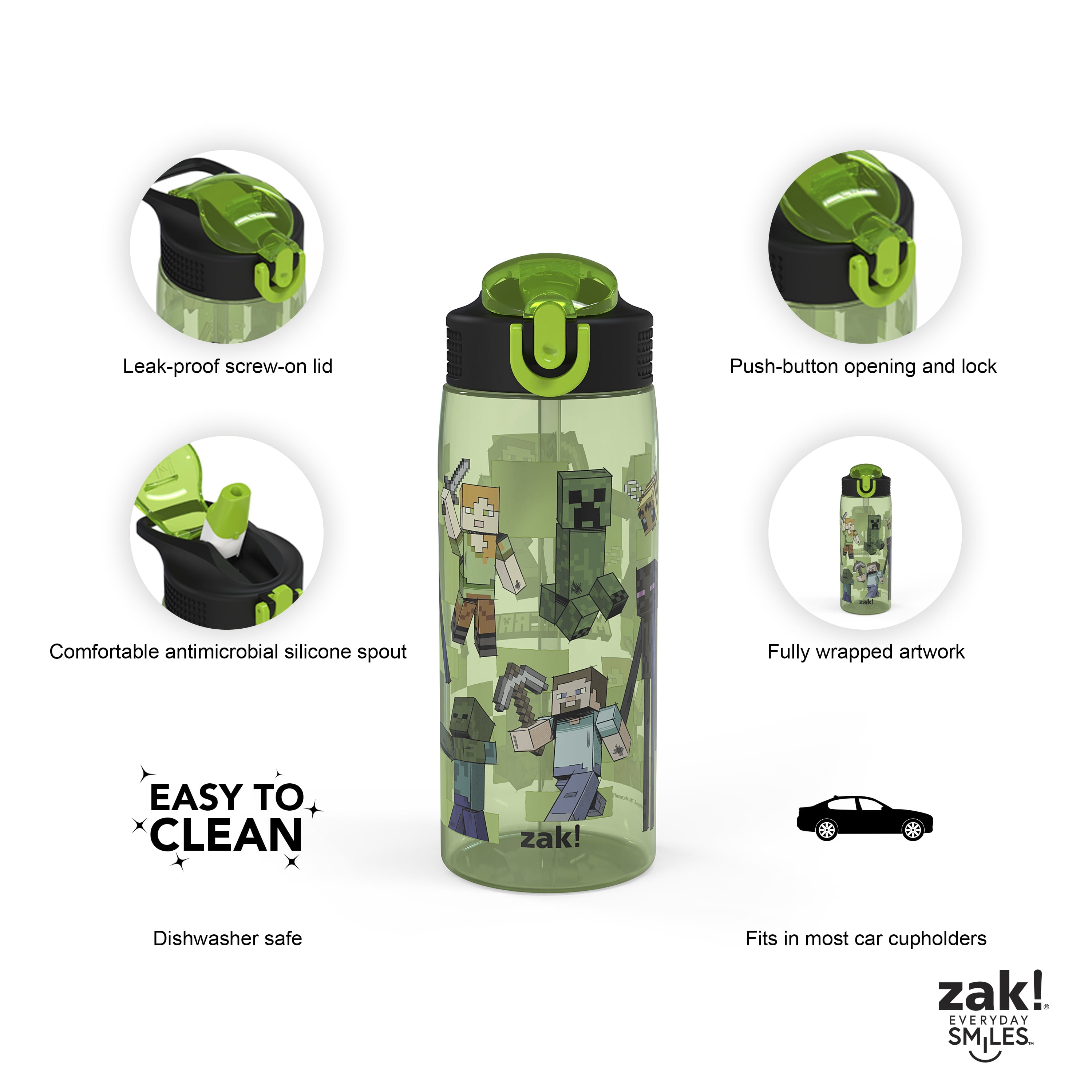 Zak Designs 25oz Minecraft Kids Straw Water Bottle, Durable Plastic Park Bottle with Easy-Open Locking Spout Cover for Travel, Built in Carry Handle