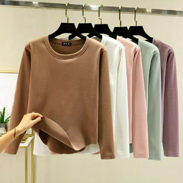 NKOOGH Women Thermal Tops Plus Size Womens Thermal Tops Long Sleeve With  Thumb Hole Women Autumn And Winter Casual Solid Color Round Neck Thickened  Warm Top 