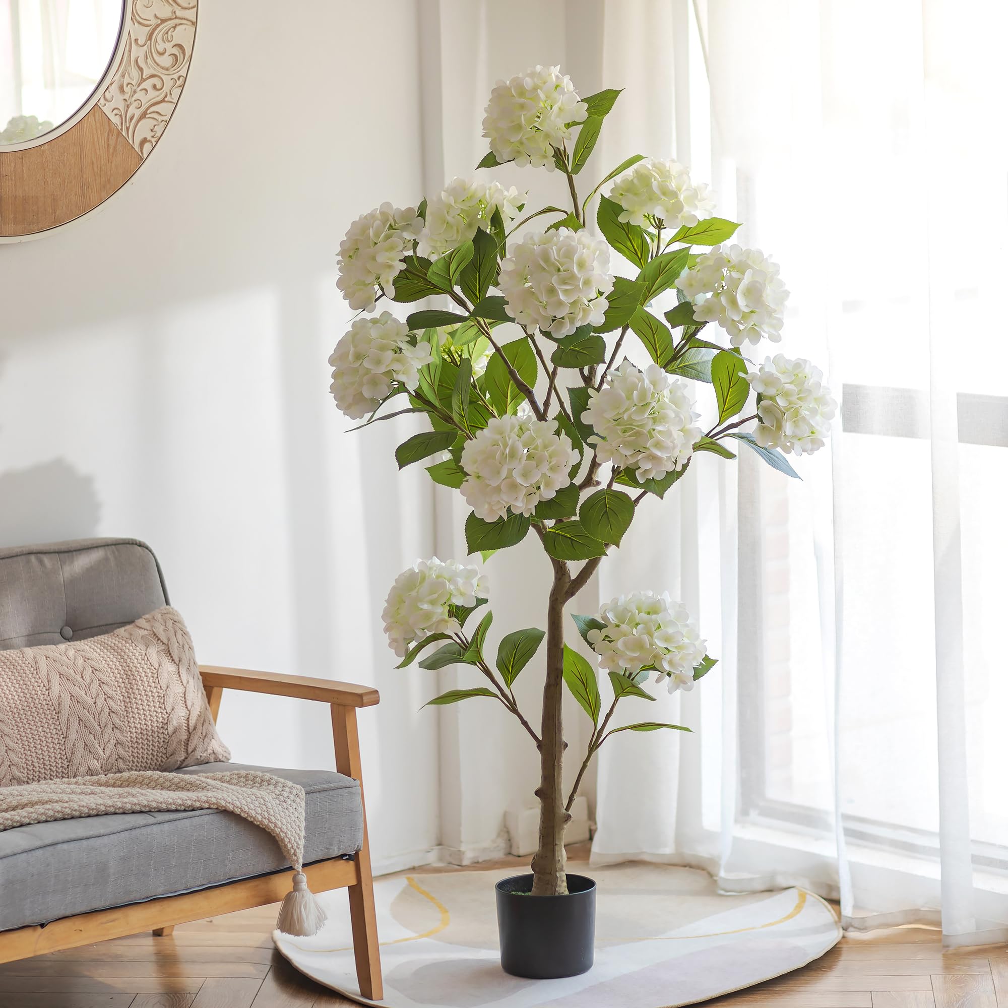 Nuptio 5ft /59Inch Artificial  Hydrangea Trees-Faux Flower Plant for Home Decor Indoor Outdoor Front Door Porch 1pc