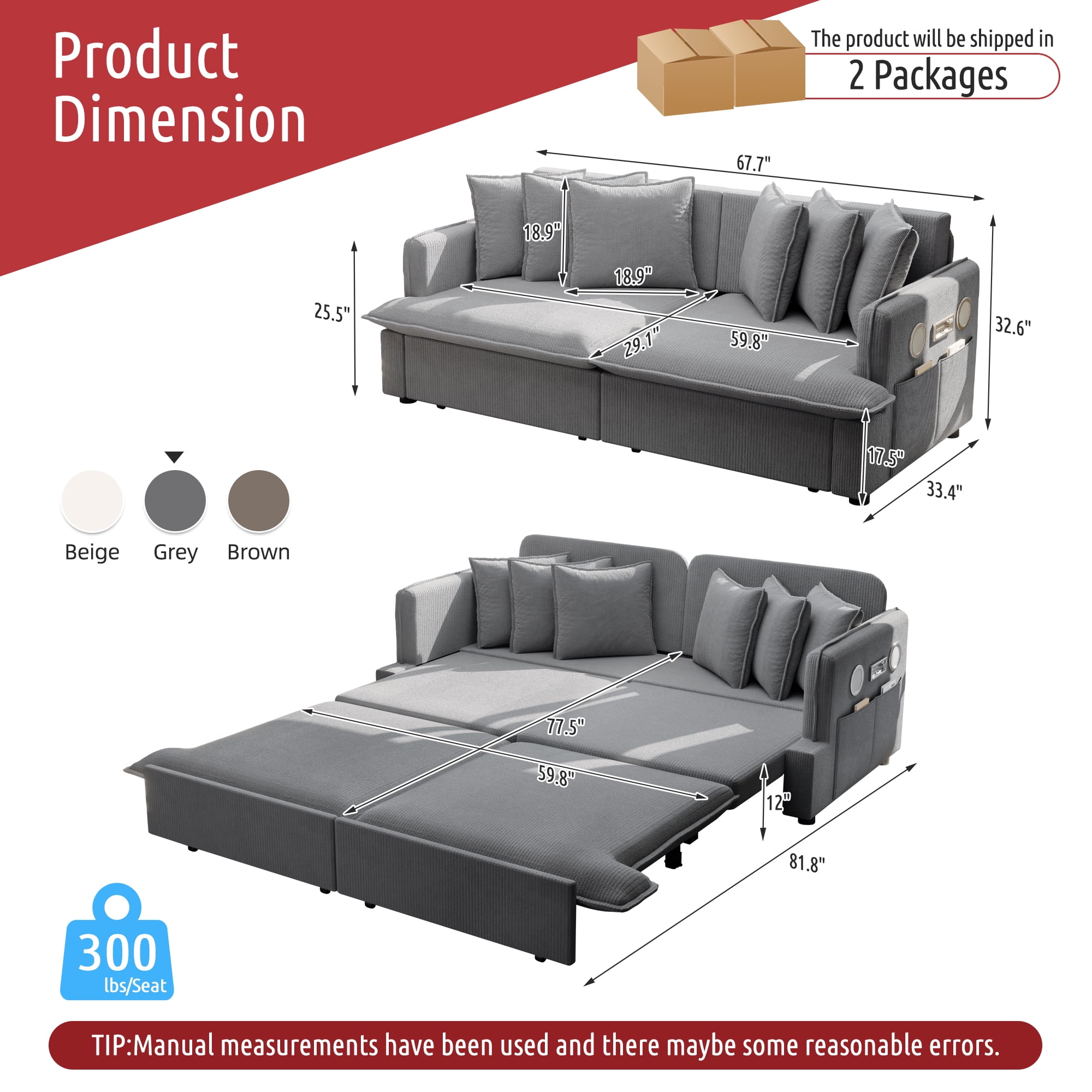 Alvantor 3 in 1 Convertible Sleeper Sofa Bed, 68" W Pull Out Sofa Bed with Bluetooth Speakers, USB Ports for living room, Apartment, Grey