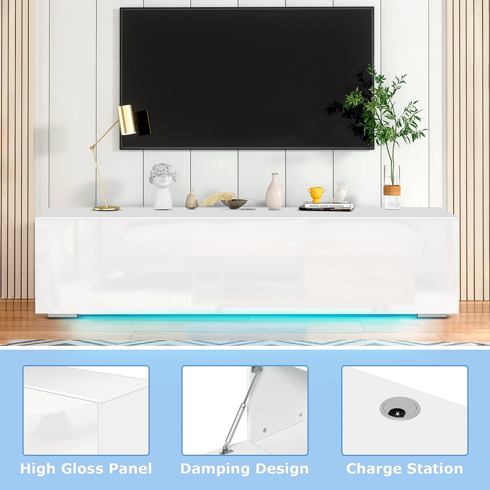 HOMMPA 75 Inch TV Stand With Power Outlets & LED Lights - Walnut Finish Media Console, 2 Cabinets, 5 Shelves