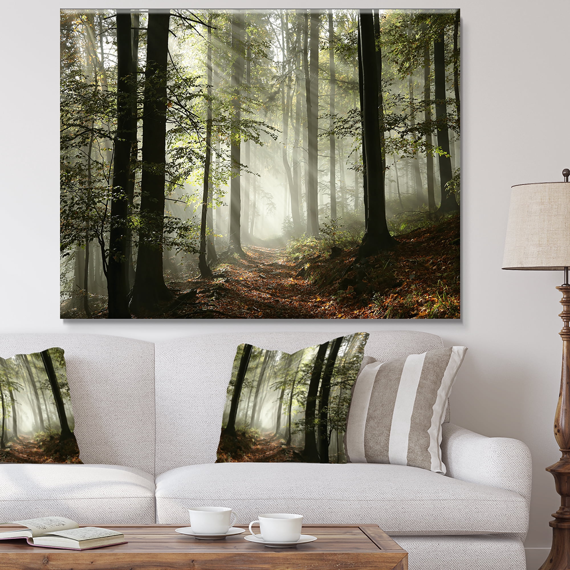Designart 'Light in Dense Fall Forest with Fog ' Landscape Art Print Canvas