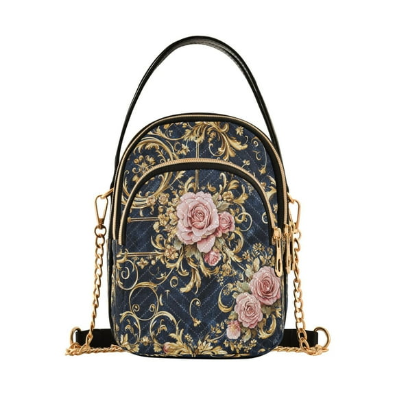 Cross Body Fashion Shoulder Waist Purse Bags Floral Pink Roses Gold Filigree Pocket Handbags
