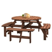 Syngar Outdoor 8-Person Circular Picnic Table Set, Wooden Camping Table Set with 4 Built-in Benches and Umbrella Hole, for Patio, Backyard, Garden, Beach, 2220lb Capacity, Brown