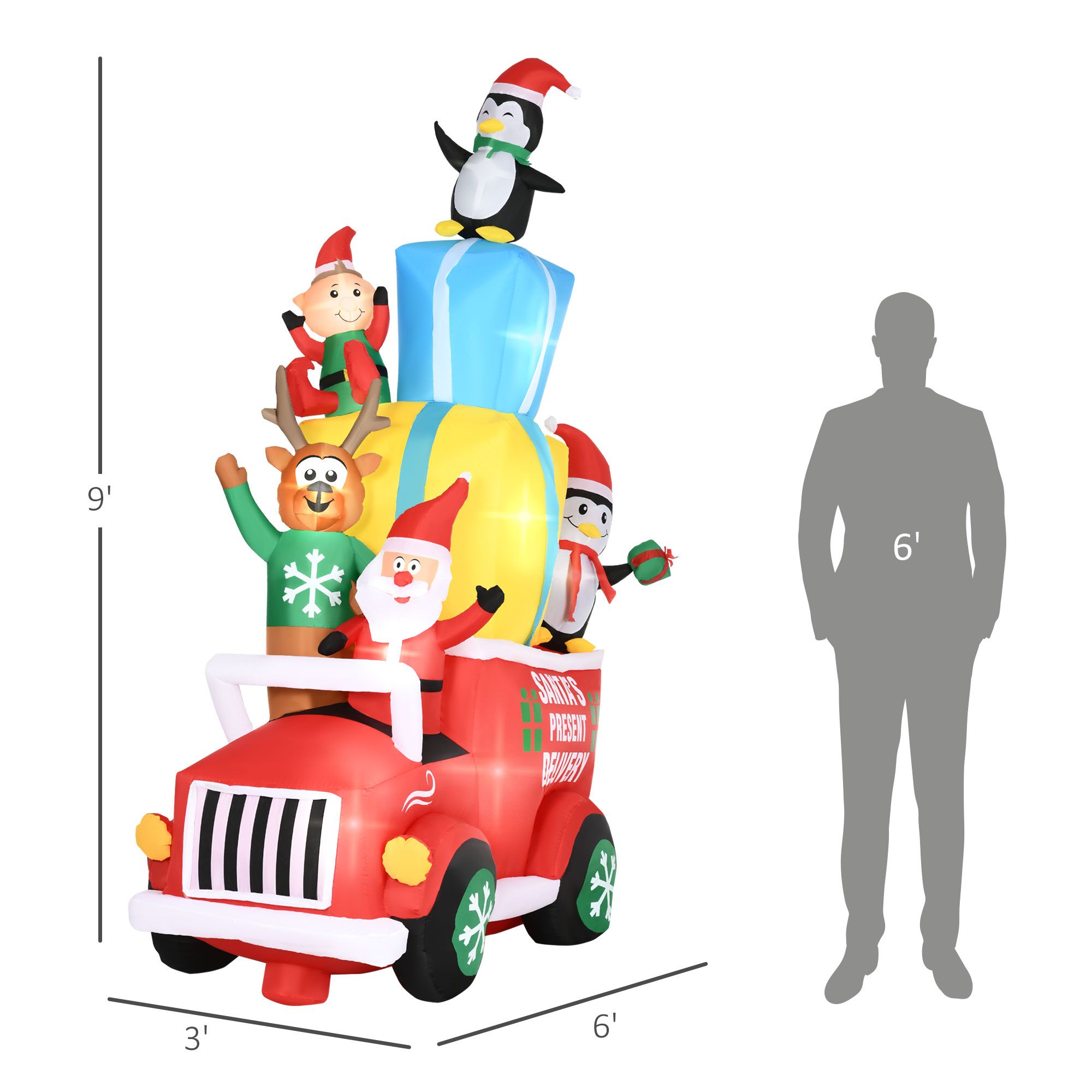 Christmas Inflatable Santa Claus Driving Gift Car with Elk, Elf and Two Penguins, 9 ft Blow-Up LED Yard Decoration for Garden and Lawn