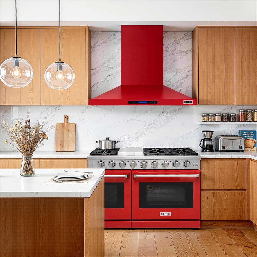 KOSTCH 48 inch Convertible Ducted Wall-Mount Range Hood, 1200 CFM Kitchen Vent Hood with 3 Speed Exhaust Fan & LED Light, Kitchen Range Hood with Touchscreen Control Panel & Remote Control