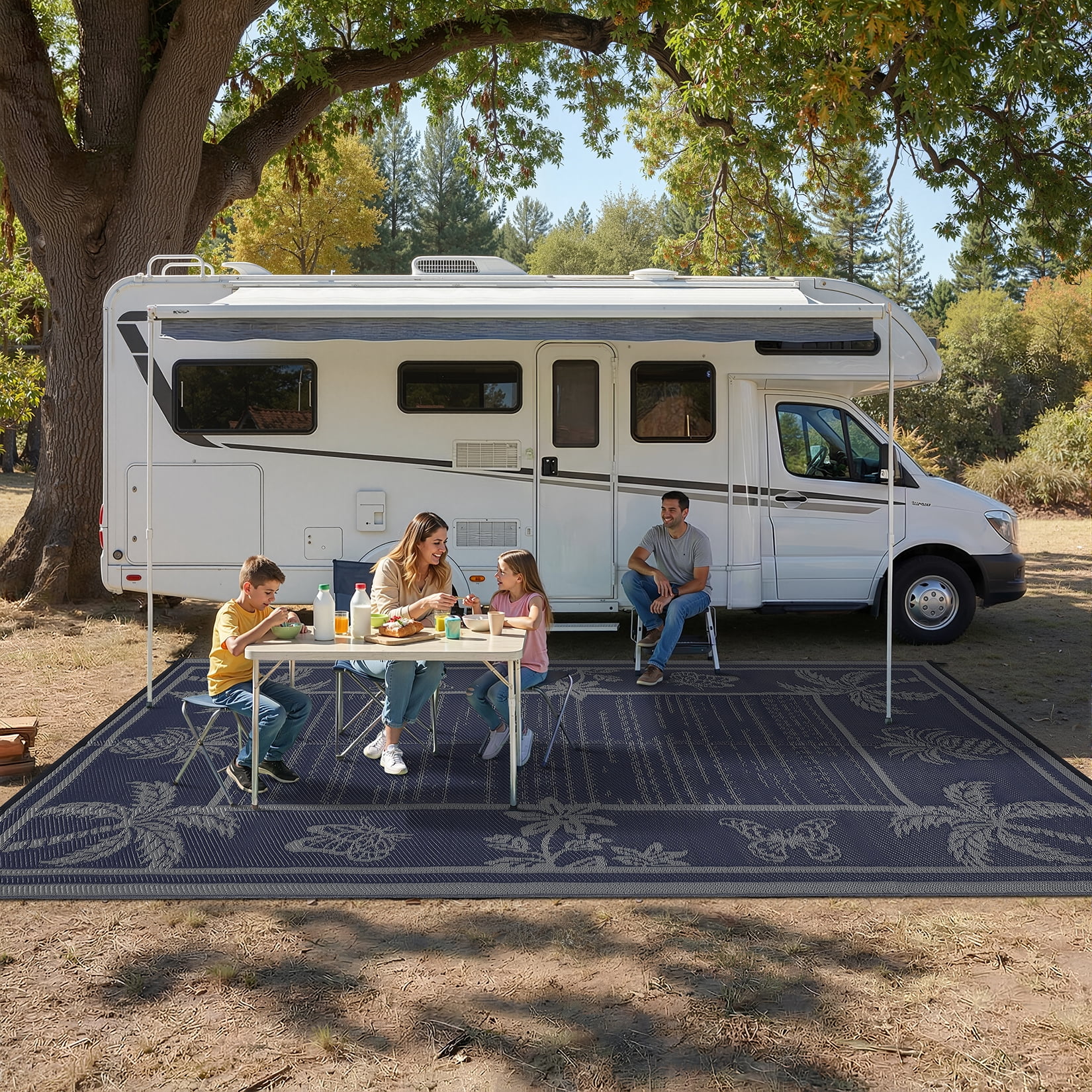 FairOnly 9'x12'Modern Tropical Floral Outdoor Rug Waterproof Reversible & Portable for Patio Poolside & Beach RV,Black Blue