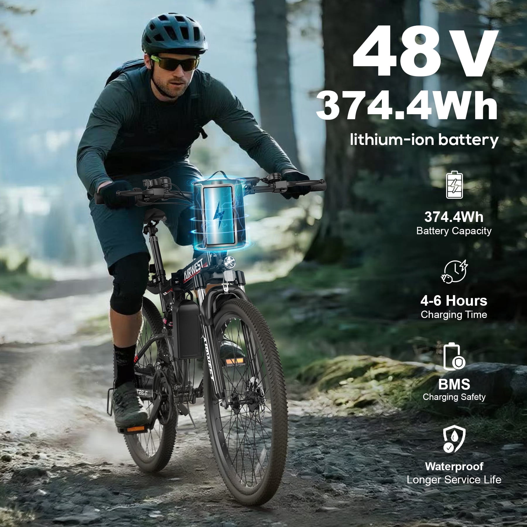 AIRWEST Electric Bike - 26'' Adult E Bike, Peak 750W 20MPH Electric Mountain bike with 48V7.8AH Removable Battery with Fork Suspension and Dual Disc Brakes, UL2849