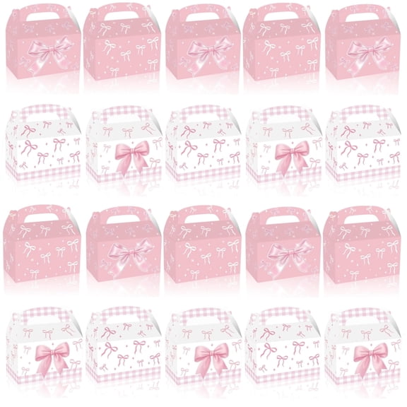 24 Pcs Party Favor Boxes Pink Bow Goodies Boxes Candy Treat Boxes Birthday Party Favor Bags Gift Bags Gift Boxes Goodies Boxes with Handle for Christmas Wedding Engagement Party Favor Supplies