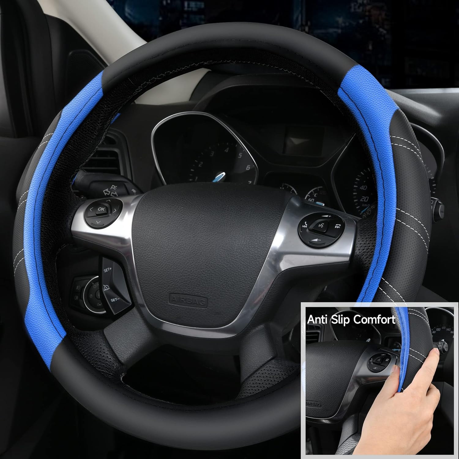 CAR GRAND Leather Steering Wheel Cover and Waterproof Car Floor Mats,Microfiber Universal Car Combo Fit for 95% Sedan,SUV,Cars,14.5-15inch Sporty Anti-Slip Safety Comfortable Design(Black＆Blue)