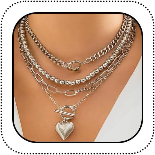 4Pcs Layered Gold Beaded Heart Pendant OT Buckle Necklace for Women Dainty, Statement Silver Paperclip Beads Chain Necklaces Party Valentine Jewelry Gift