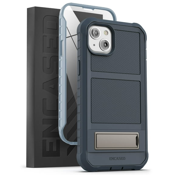 Encased Falcon Designed for iPhone 14 PLUS Case with Kickstand, Protective Built-in Screen Protector with Metal Stand Phone Case - Blue