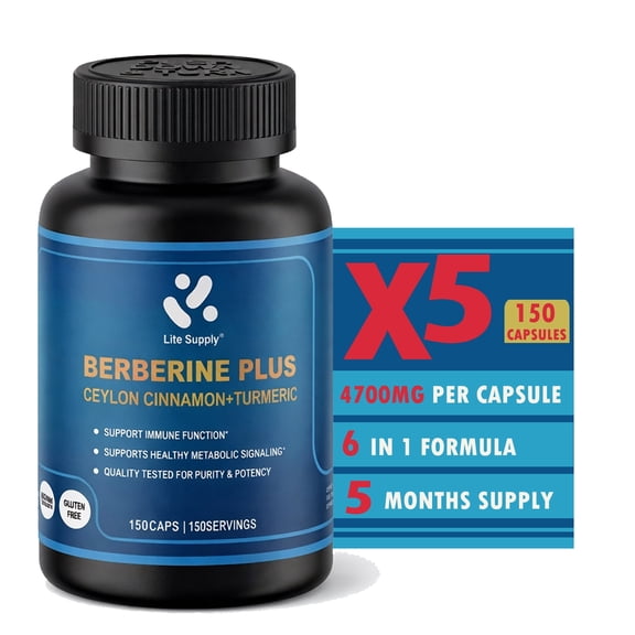 Lite Supply Berberine HCL 4700mg, 150 Capsules - Plus Pure True Ceylon Cinnamon, Turmeric - Berberine HCL Supplement Pills
