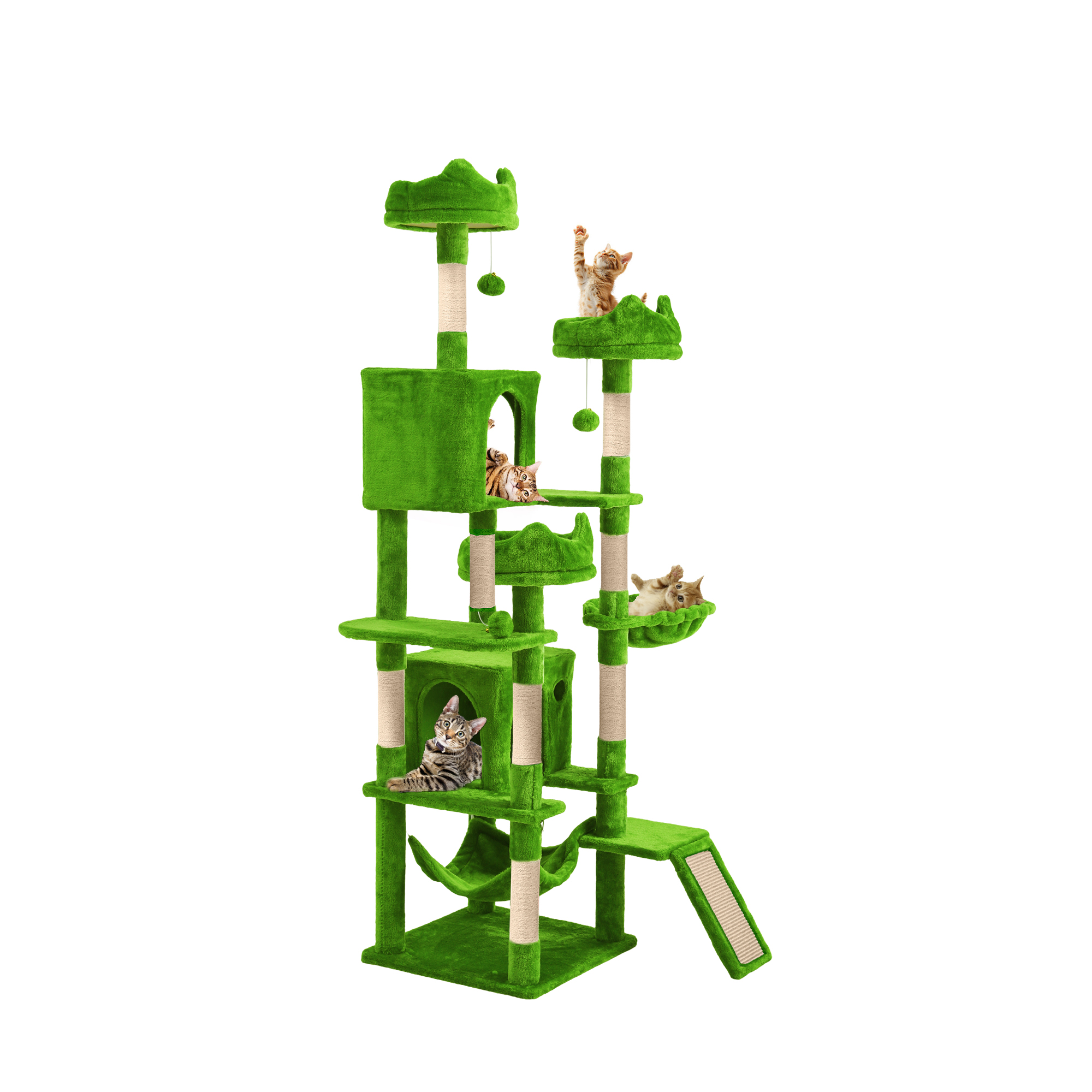 Uforic 75in Large Cat Tree Tower, Multi-Level Cat Condo with Scratch Posts, Cozy Basket Hammocks, Top Perches, Sisal Ramp, Green