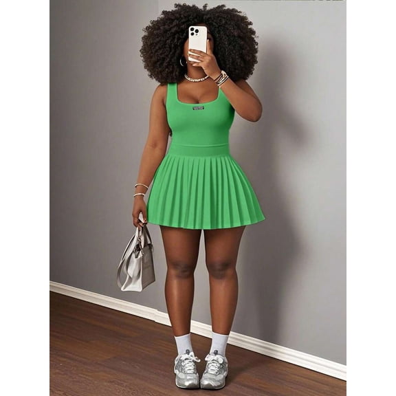 Womens Limelight Green Tennis Dress With Pleated Skirt And Racerback