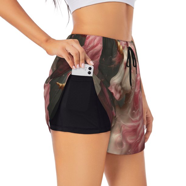 Balery Haired White Horse Pantalones cortos deportivos para mujer con forro y dos bolsillos, elásticos, para entrenamiento, gimnasio, yoga-XX-Large