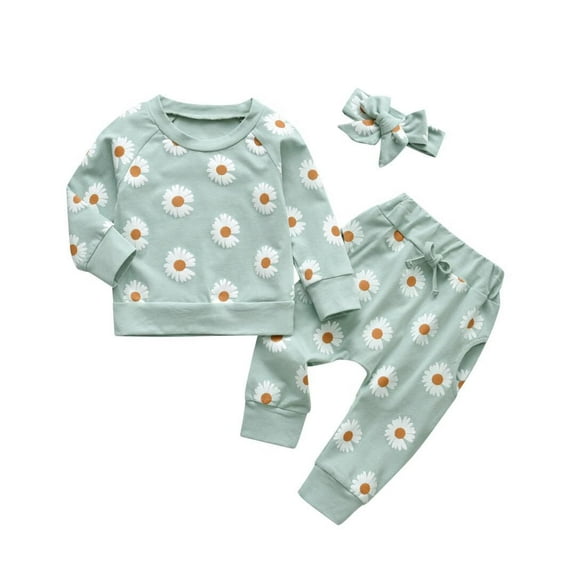 Baby Girl Clothes Daisy Long Sleeve Tops Printed Pants and Headband Outfit Set Green 0-3 Months