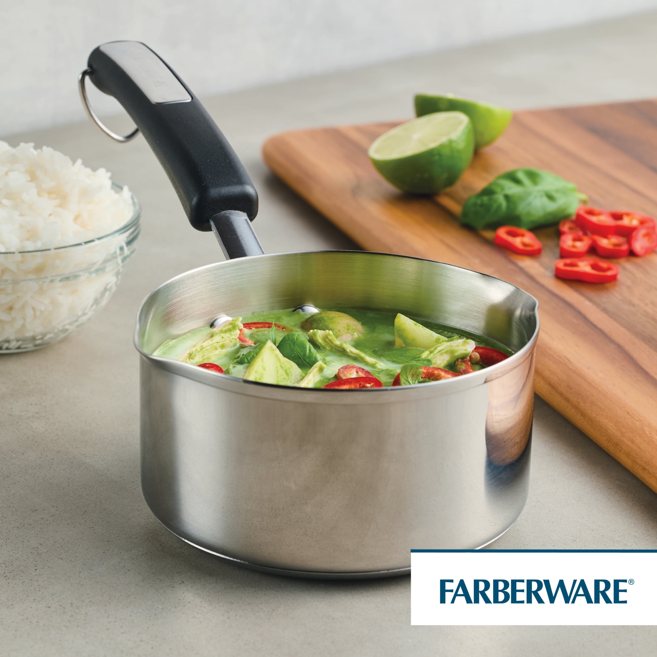 Farberware Brilliance 1 Quart Stainless Steel Saucepan with Pour Spout, Induction Compatible, Metal Utensil Safe, Dishwasher Safe