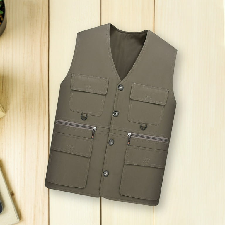 Men Work Vest Waistcoat Multiple Pockets Solid Color Loose