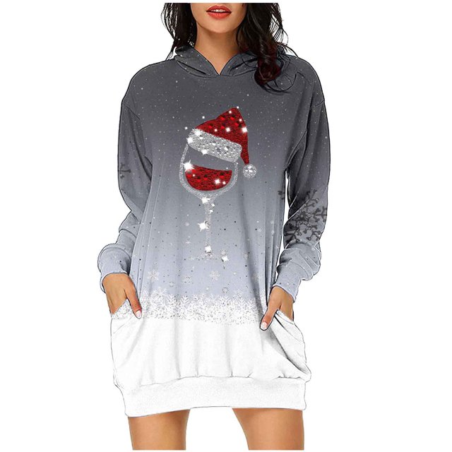 Pisexur Robes de Noël pour Femmes Mode Imprimé Flocon de Neige Sweat à Capuche Robe Décontractée Manches Longues Robes d'Automne Robe de Fête Mini Robe avec Poches
