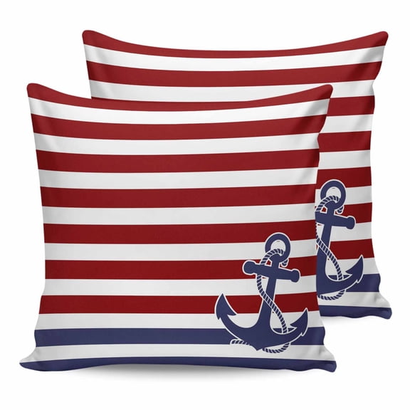 Outdoor Waterproof Throw Pillow Covers Set of 2 Red Stripes Decorative Pillowcases Square Outdoor Pillows Cushion Case 16x16 Inch Navy Blue Nautical Anchor Patio Pillows for Couch Sofa Bed Garden