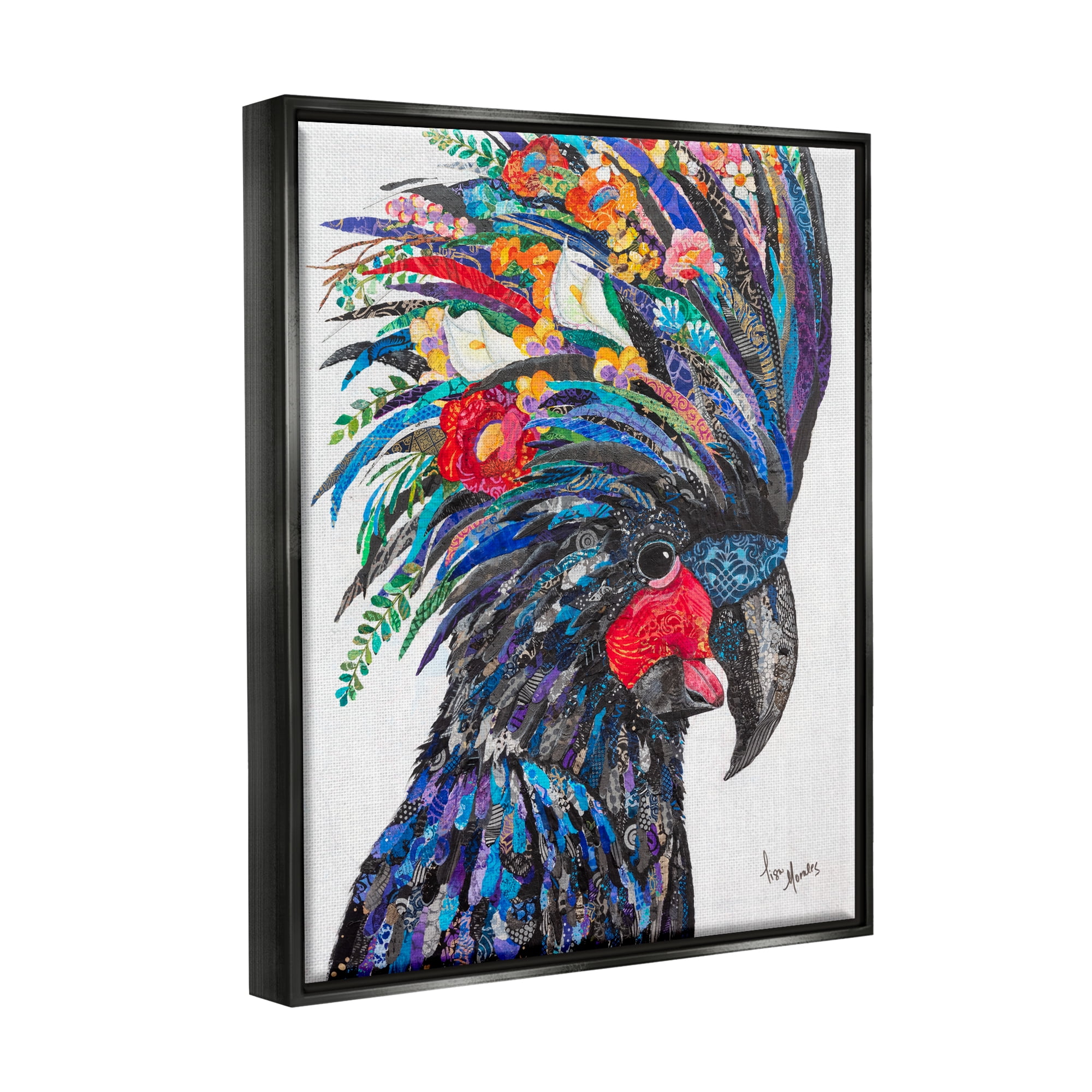 Stupell Industries Black Palm Cockatoo Bird Floral Pattern Collage Painting Jet Black Floating Framed Canvas Print Wall Art, Design by Lisa Morales