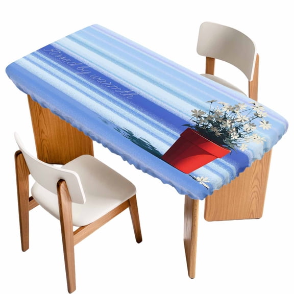 Blue Ombre Striped Daisy Table Cloths for 4 Foot Rectangle Tables, Vintage Flowers Abstract Art Patio Waterproof Elastic Fitted Tablecloths, Washable Rectangular Table Cover for Camping