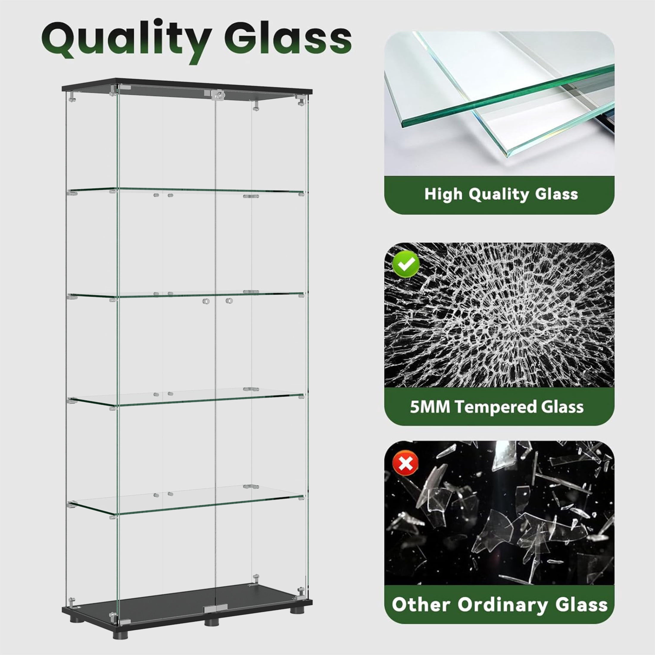 Noble House Floor Standing Display Cabinet with Locking Double Doors, 5-Shelf Tempered Glass Curio Cabinet, Black